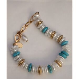 Ann Taylor LOFT Beaded Bracelet 8” Faux Pearl Teal Gold Tone Toggle Coastal